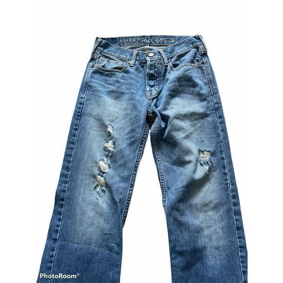 American Eagle Jeans Mens 28x28 Blue Low Rise Boot Cut Distressed Button Fly - Picture 2 of 7